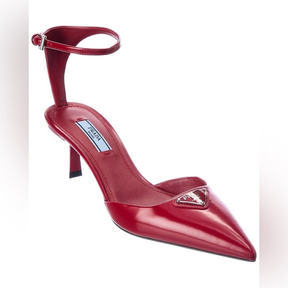 Prada Scarlet Red Leather Logo Plaque pointed toe ankle strap pumps EU 40 - Picture 13 of 14